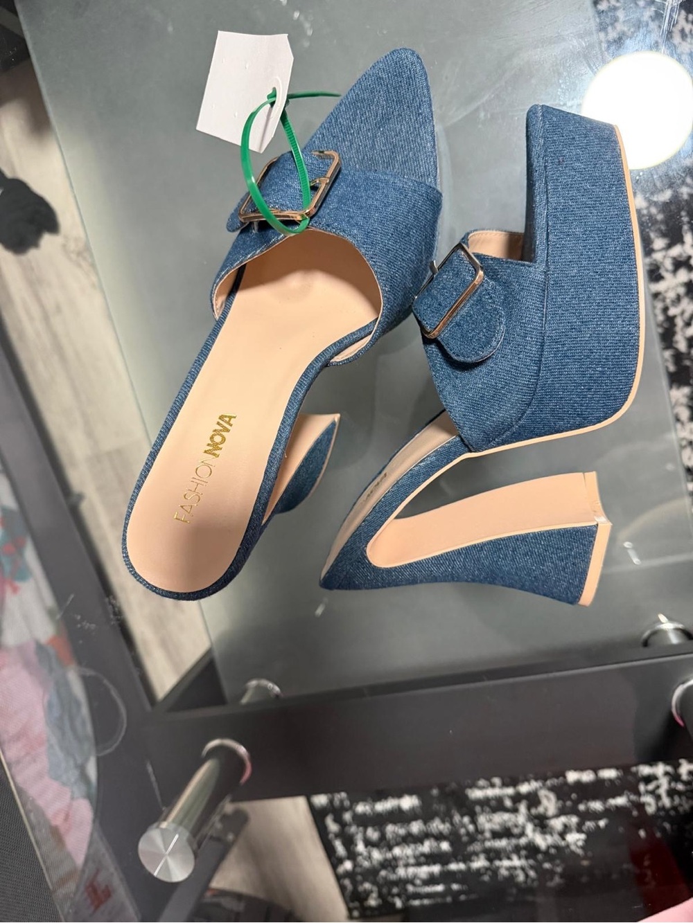 Fashion Nova Denim Blue Platform Mule Heels with Buckle